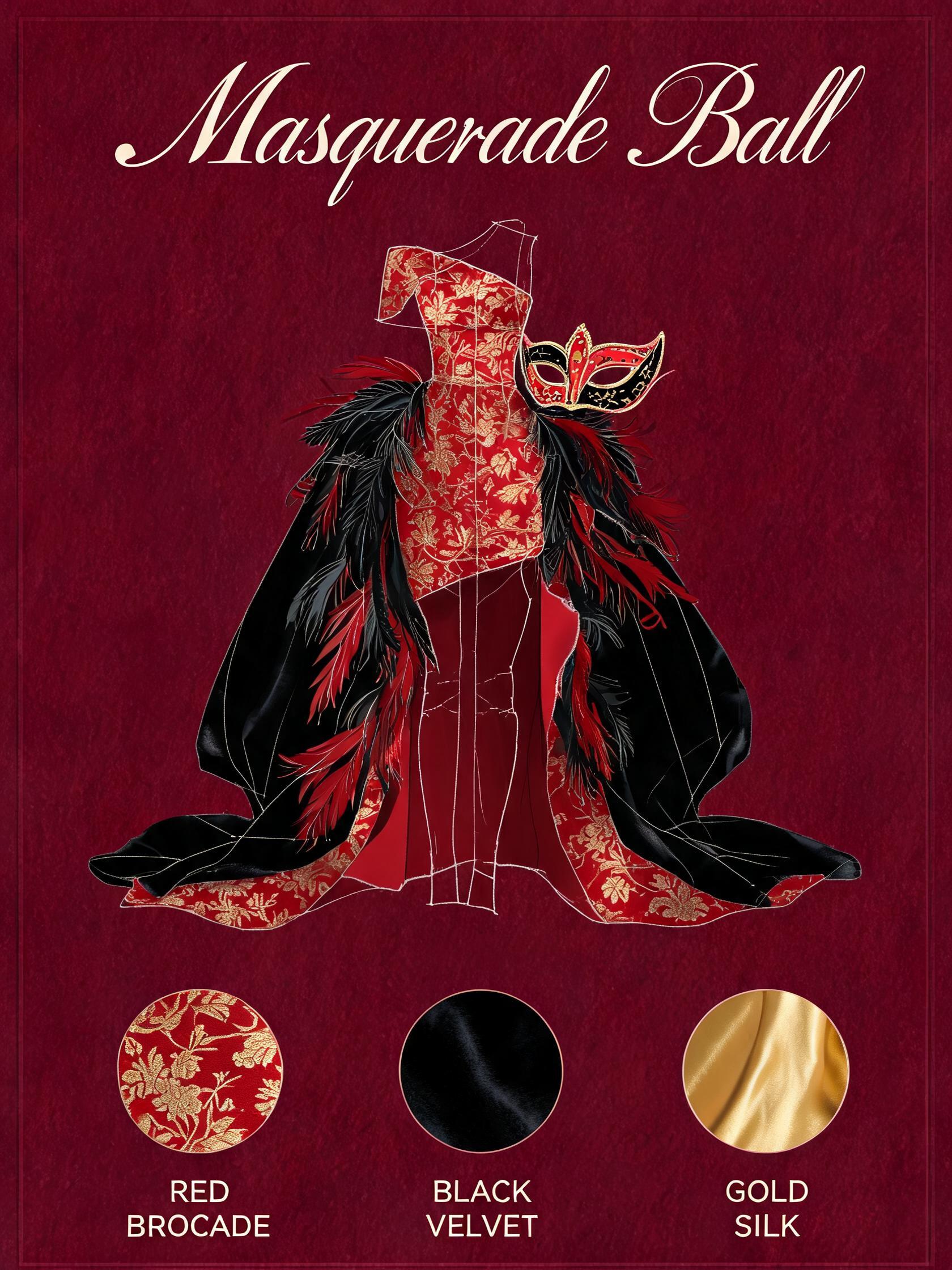 Masquerade Ball red and black gown design blueprint