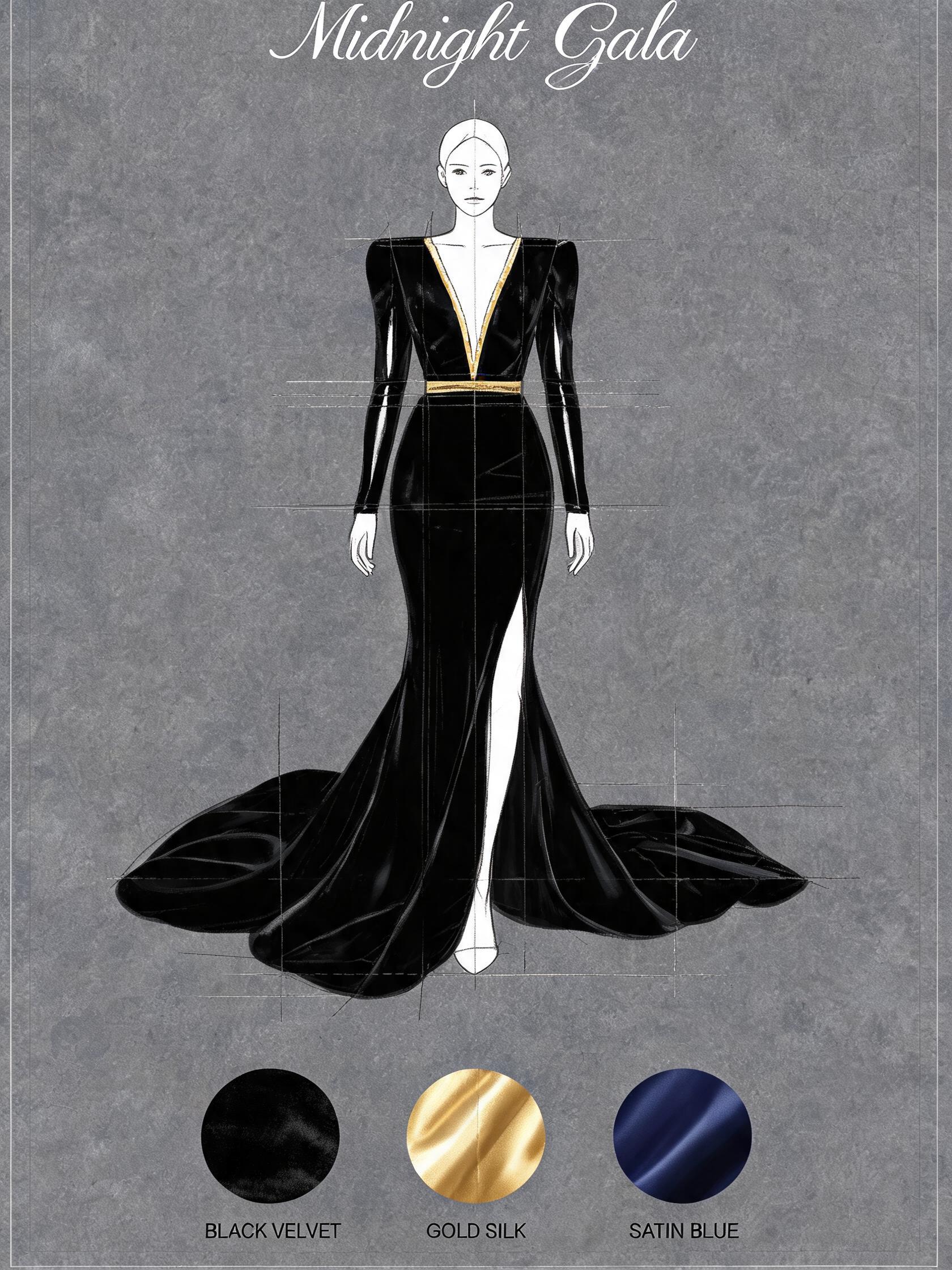 Midnight Gala velvet gown design blueprint